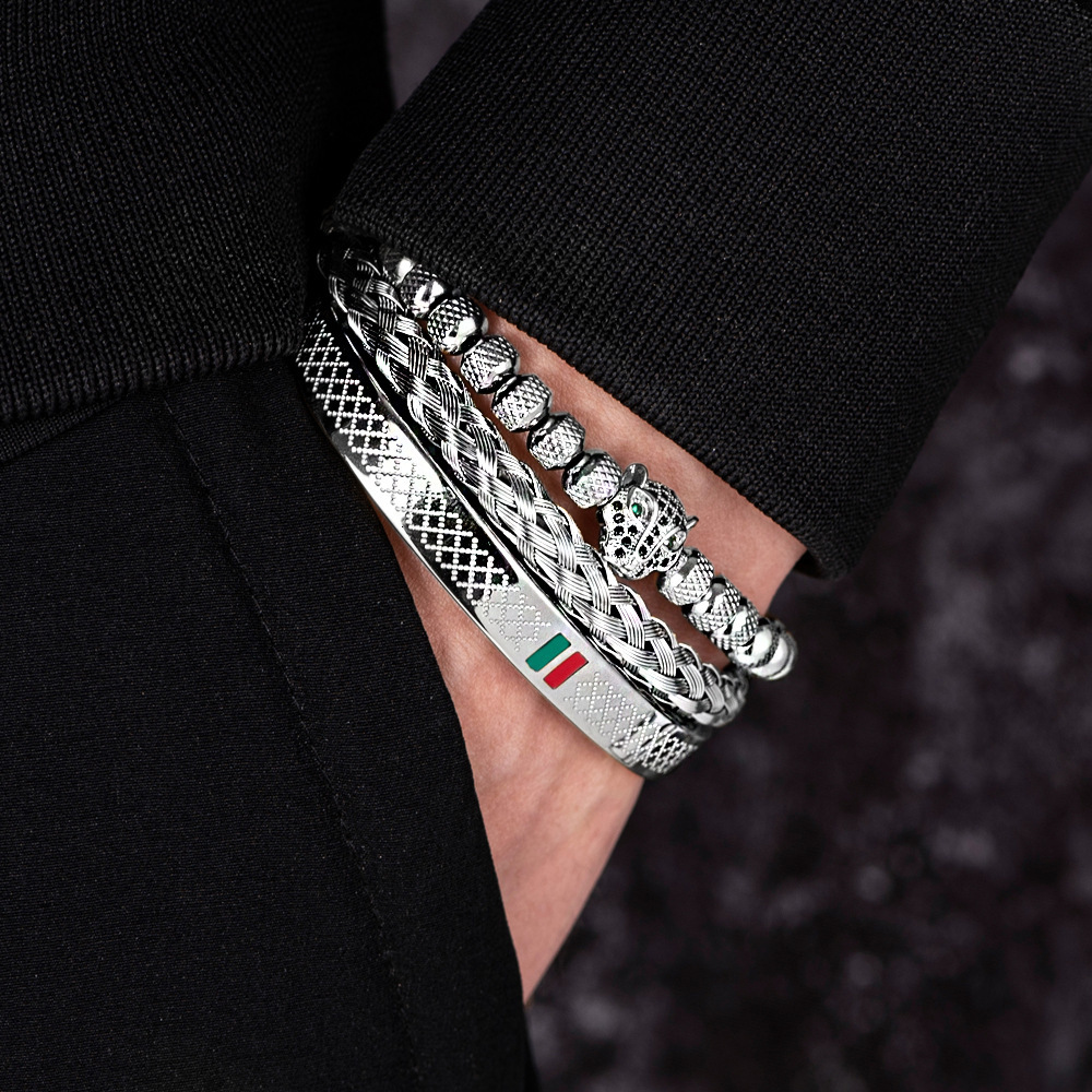 Micro-inlaid Leopard Head Bracelet Set Stainless Steel Green Red And Green Striped Bracelet Designer Jewelry for Men