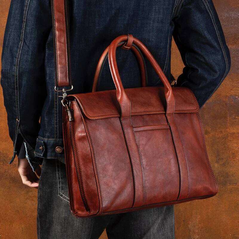 Vegetable tanned handbag briefcase leather shoulder messenger casual men's bag