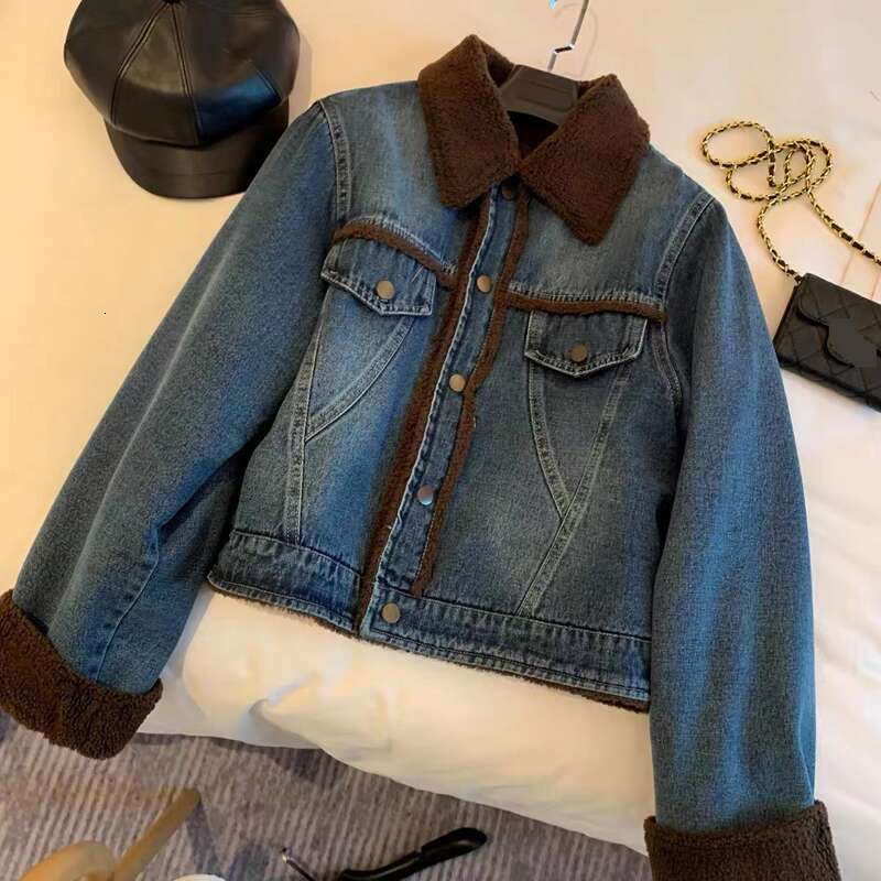 Women's Clothing French Street Style Plus Veet Thickened Denim For Women Spring And Autumn Age Reducing Cotton Padded Jacket