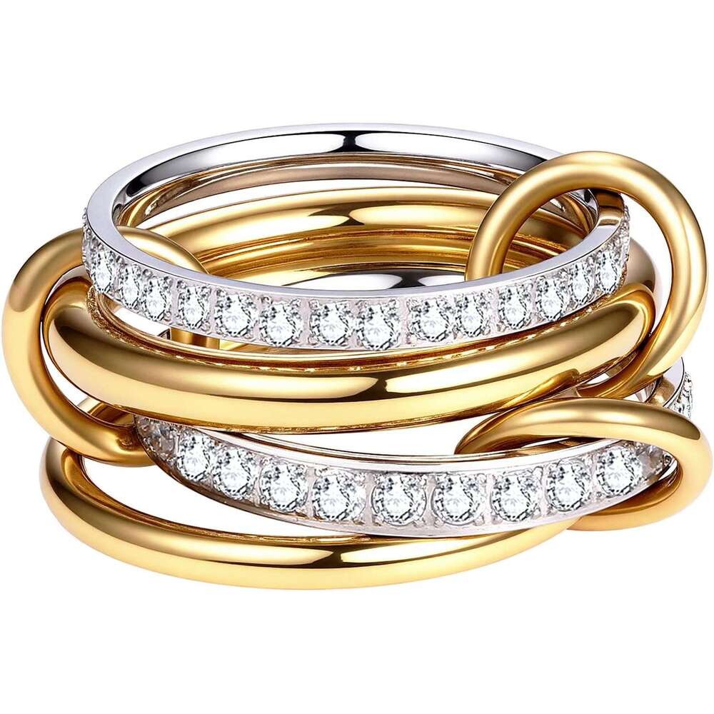 14K Gold Plated Stackable Rings for Women: Interlocking Multi-Ring Set with Cubic Zirconia - Stainless Steel Eternity Bands