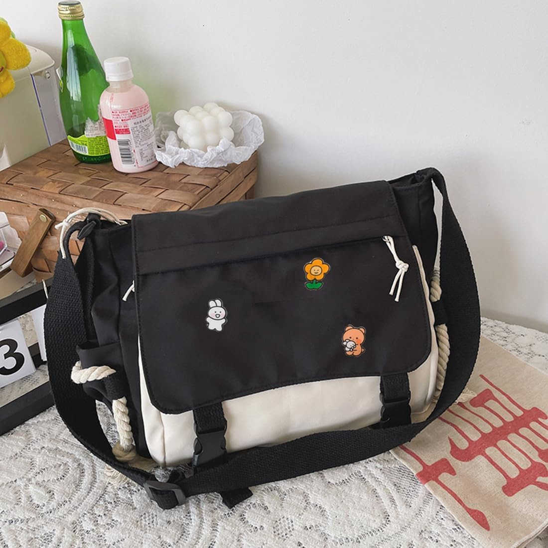 Messenger Bag for Teen Girls Women Kawaii Crossbody Shoulder Purse with Pins and Stuffed Pendant GiftW250911