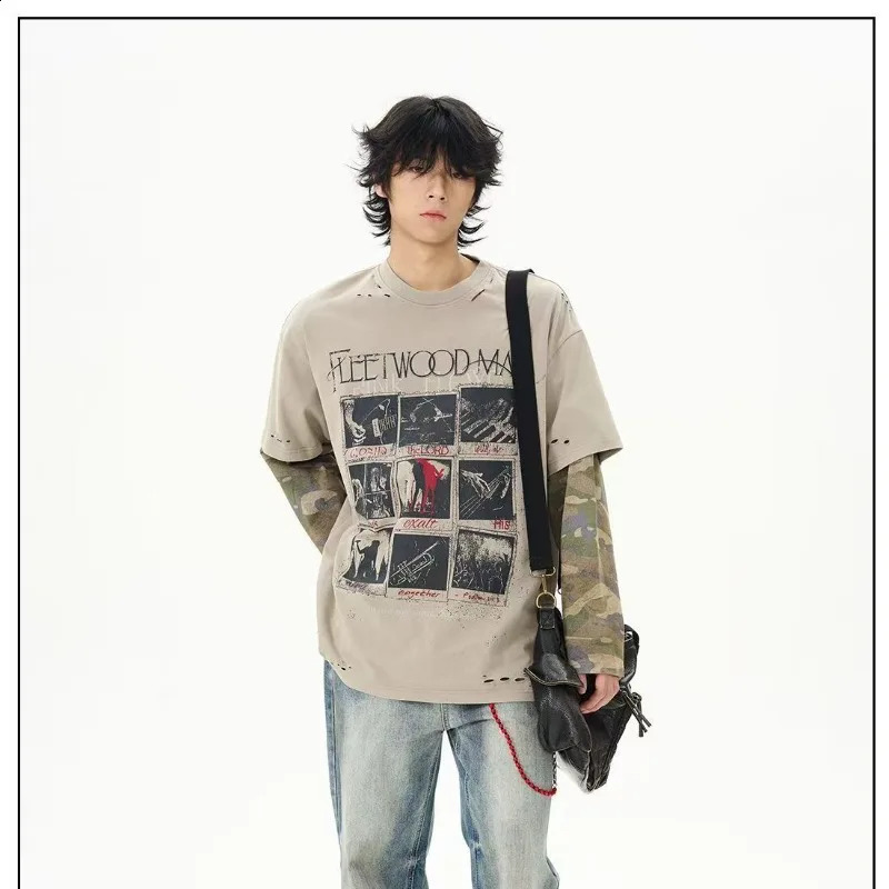 Hip hop punk retro pattern ripped men pullover street fashion camouflage sleeve two clothing loose trend sweatshirt 250911