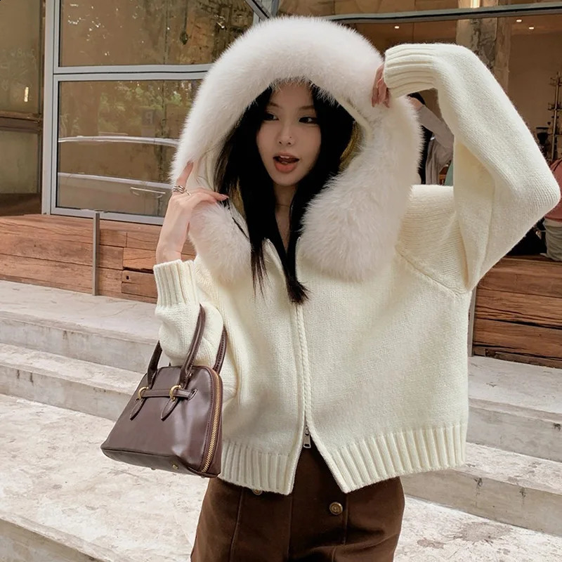 2024 Autumn Hooded Cardigan With Real Fur Stripe Long Sleeve Female Cardigans Zipper Causal Sweater Hood 250911