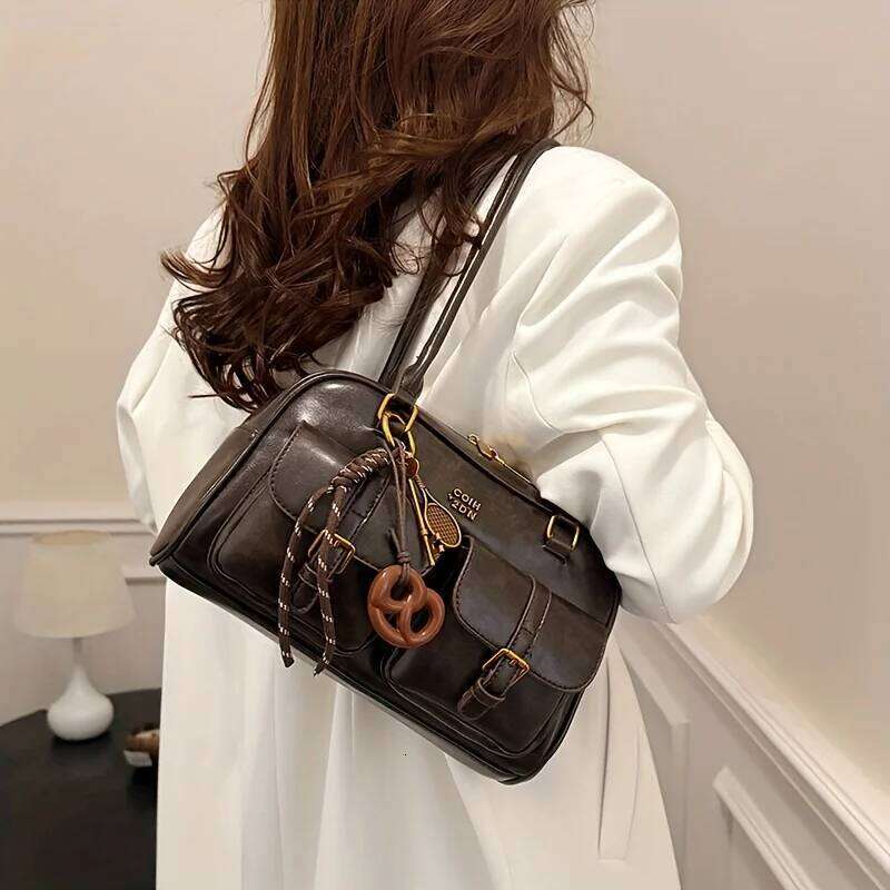 Women's Retro Solid Color Pu Leather Shoulder Bag Multiple Pockets Large Capacity Comes With A Detachable Accessory Charm