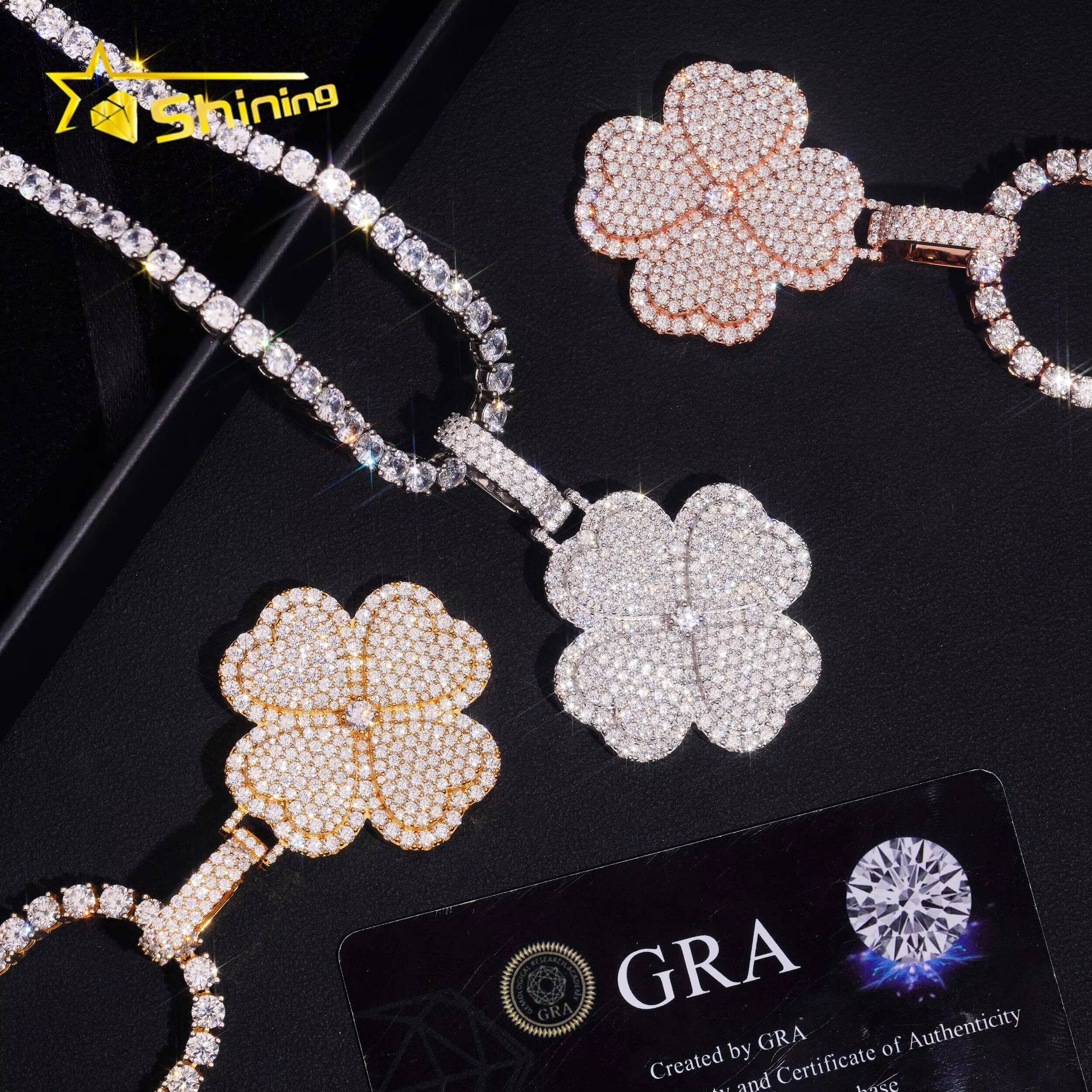 New Style Moissanite Pendant Gold Plated Fine Jewelry 925 Sterling Silver Iced Out Moissanite Clover Pendant for Men Women