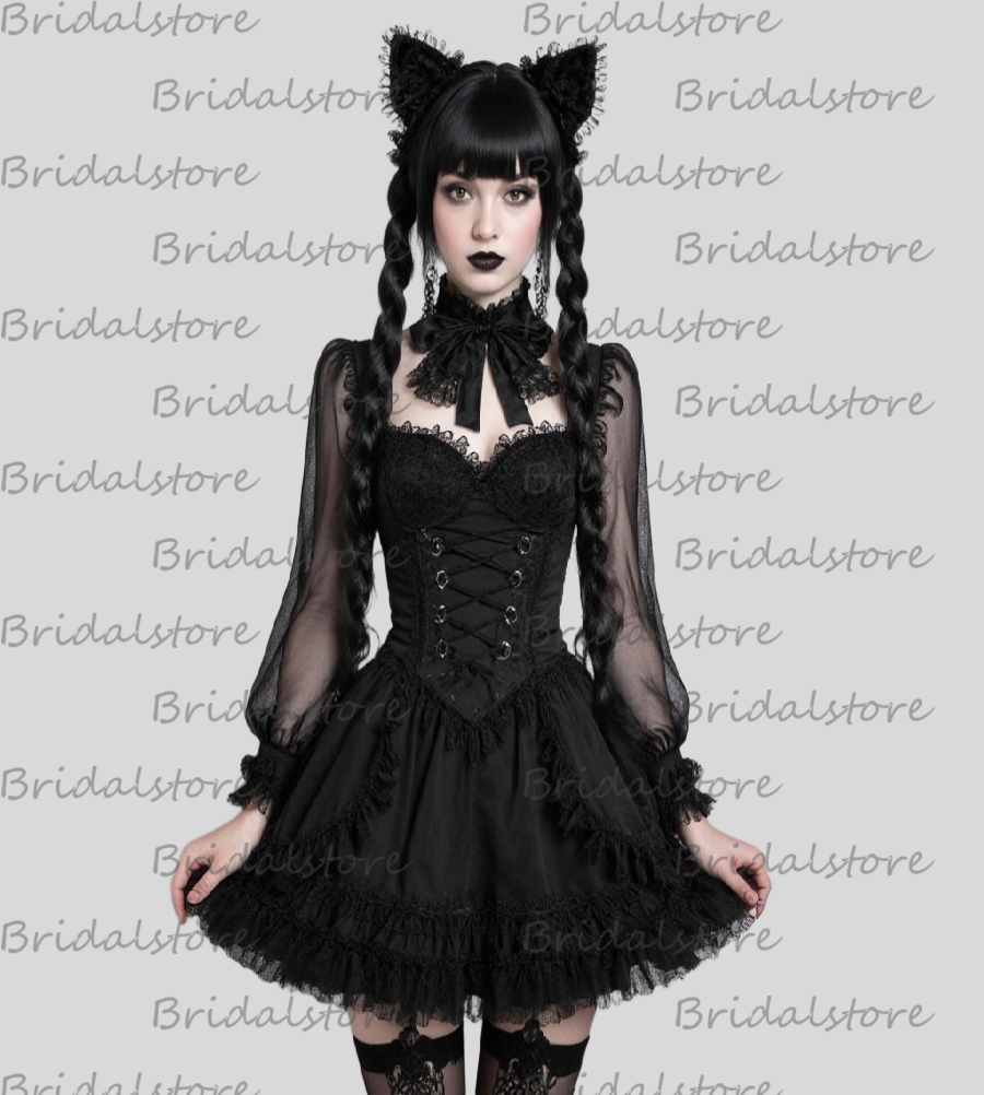 Halloween Lolita Gothic Evening Dress 2025 Long Sleeve Lace Frilly Hem Mini Witchy Prom Dress Costume Masquerade Party Dress Cosplay Medieval Vestio D