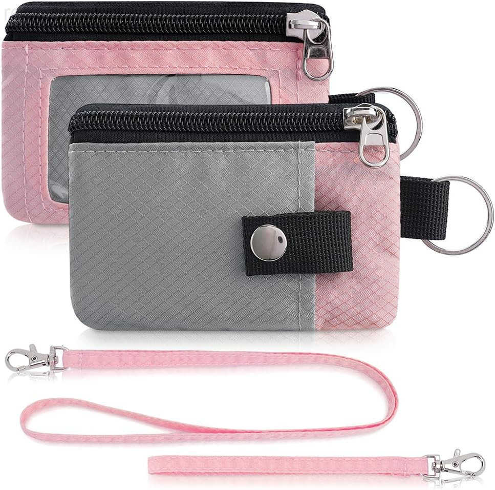 Minimalist Wallet For Mens Womens Keychain RFID Blocking Zipper Small Wallet with ID Window 2 LanyardsWater Resistant Travel Cash Card Coin Case Boys 