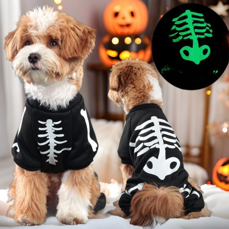 Halloween Glow-in-the-Dark Skeleton Dog Onesie, Pet Jumpsuit with Luminous Skull Print, for Dogs 1.5-8kg, Perfect for Halloween Parties, Festive Event