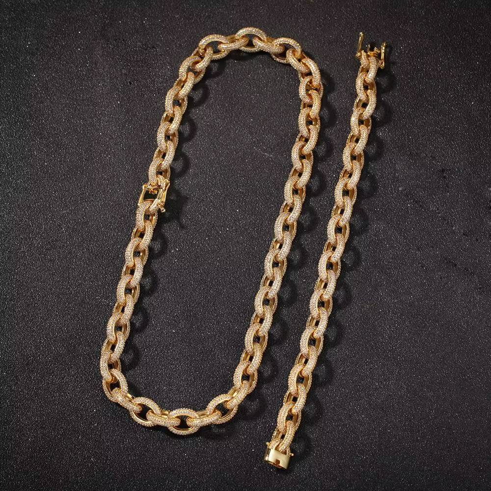 12mm Hiphop Full Iced Out O Shape 18K Gold Plated Rolo Chain for Mens Jewelry