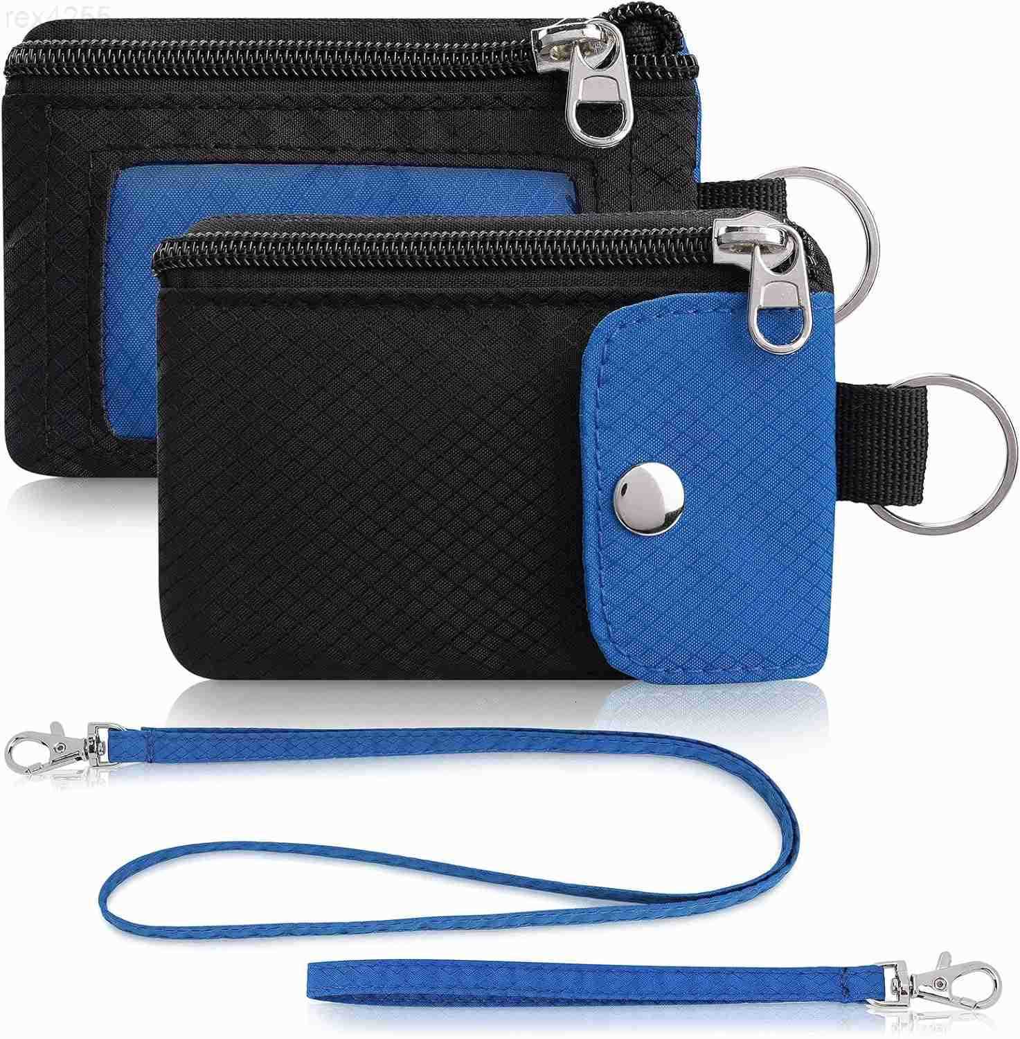 Minimalist Wallet For Mens Womens Keychain RFID Blocking Zipper Small Wallet with ID Window 2 LanyardsWater Resistant Travel Cash Card Coin Case Boys 