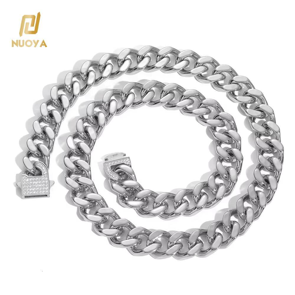 NUOYA Hip Hop Cuban Curb Link CNC Inlaid Zircon Iced Clasp 18k Gold Plated Stainless Steel Cuban Chain Necklace