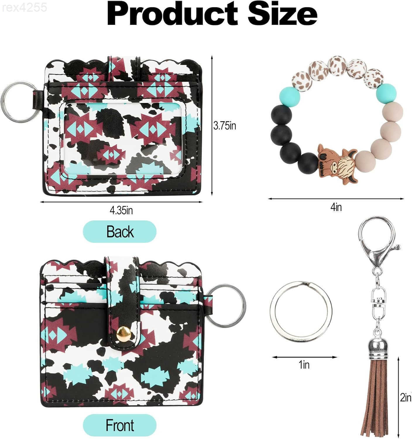 Cow Wristlet Bracelet Keychain with Wallet Card Holder Silicone Beaded Keyring Purse for Women GirlsW250911