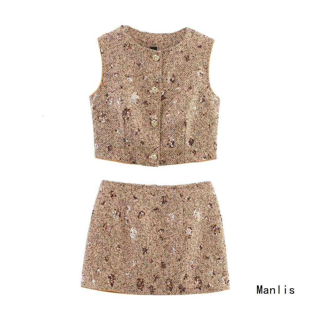 DHEssentials INS Sequin Half Short Skirt French Slim Fit Beaded Embroidery Tweed Little Chanel Style Two-Piece Set