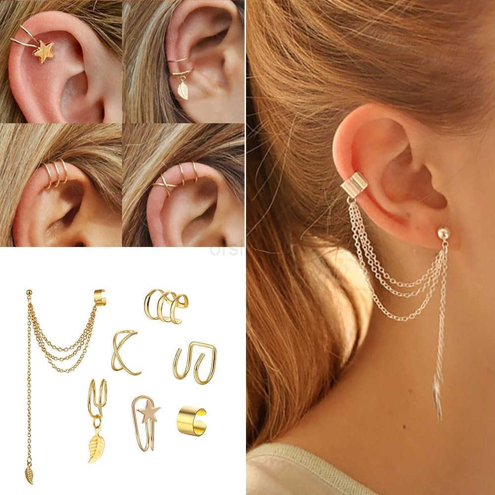 22Pcs Gold Ear Cuffs Earrings for Women Non Piercing Lightweight Adjustable Hypoallergenic Fake Clip On Cartilage Butterfly Chain Twist Helix Leaf Wra