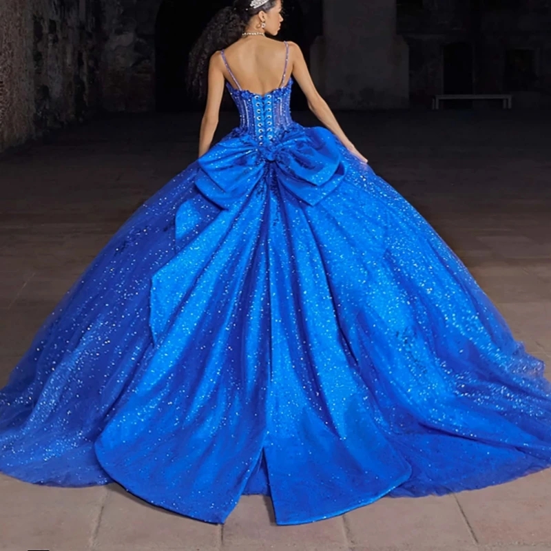 Royal Blue Shiny Quinceanera Dresses Ball Gown Spaghetti Strap Applique Flower Beads Bow Tull Sweet 16 Dress Vestidos 15 De Anos