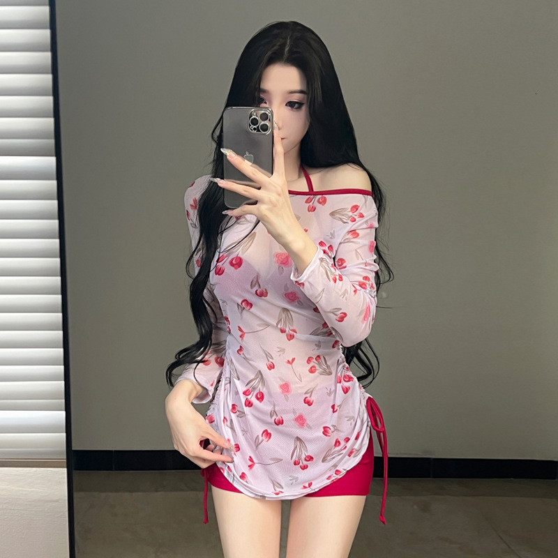 New Three-Piece Bikini for Women, Girly Pure Desire Swimsuit, Cherry Long Sleeve Sun Protection Swimsuit