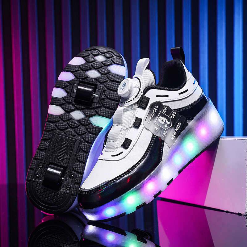 2025 Free shipping designer Children's Roller Double Wheel Girls' Breathable LED Light Shoes USB Charging Outdoor Sports Skates