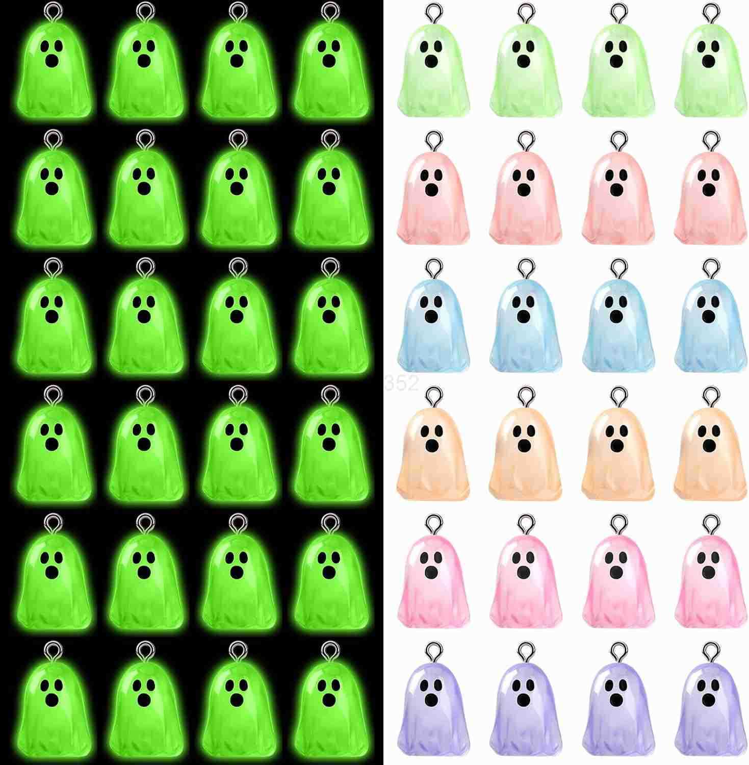 64 Pcs Halloween Ghost Charms Resin Ghost Charms Luminous Ghost Beads Halloween Pendant Bulk Glow in The Dark Ornament for DIY Necklace Earrings JeweW