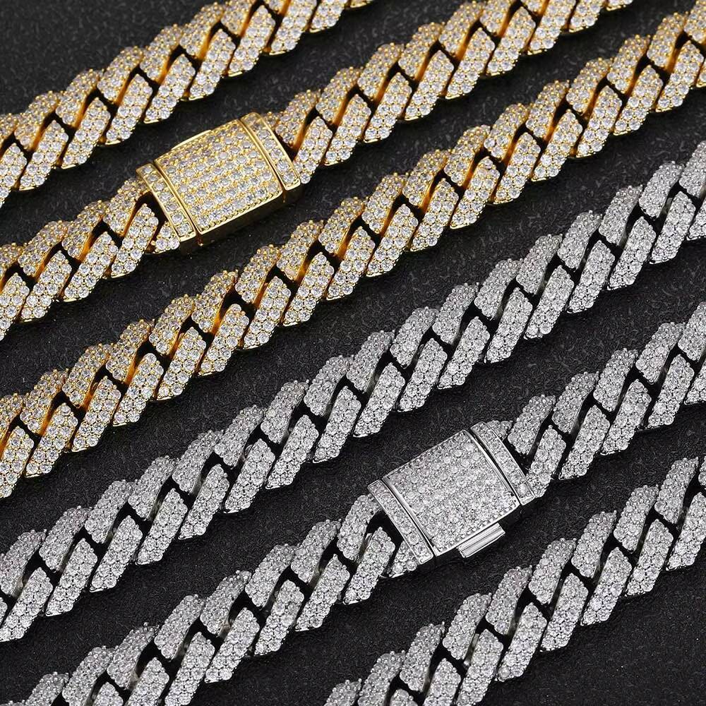 Hip Hop Jewelry 12mm Diamond Prong Cuban Link Chain White Gold Plated Cuban Chain Necklace for Men and Women