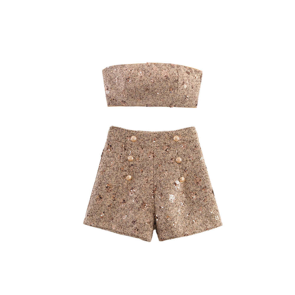 DHEssentials Summer New French Sexy Little Chanel Style Beaded Strapless Top + Fashion Shorts Two-Piece Set