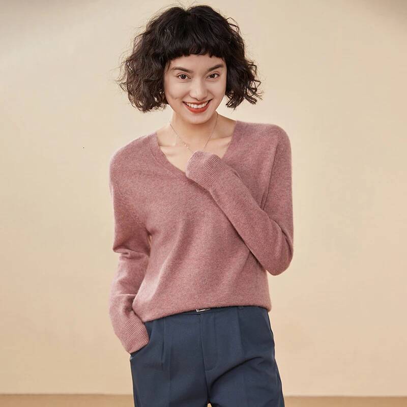 Autumn And Winter New Sweater 100% Pure Cashmere V-neck Knitted Pullover Long Sleeved Hot Selling Women's Top