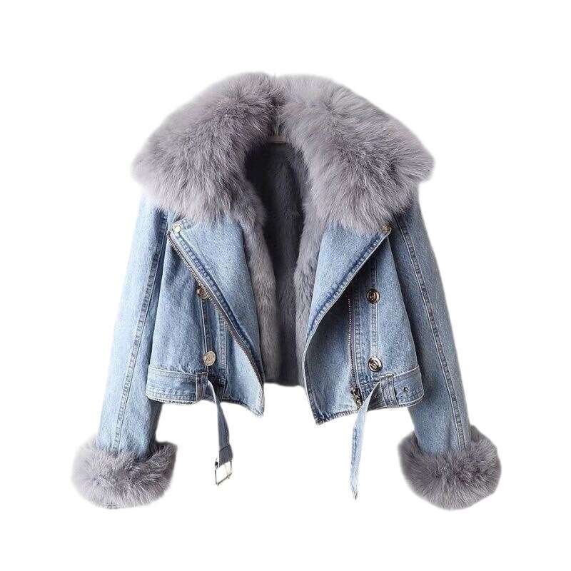 Clothing Autumn And Winter New Removable Rabbit Fur Liner Denim Women's Short Top Party Jacket