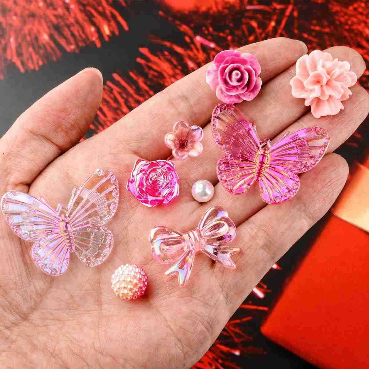 350 Pieces 3D Resin ABS Colorful Rose Flower Bows Butterfly Charms with Flatback Half Round Pearl Beads for Earring Necklace Craft DIY Making Supplies