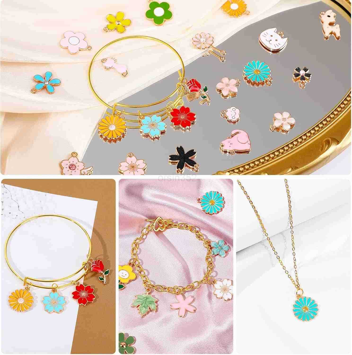 120 Pcs Spring Summer Floral Themed Charms Flower Charms for Jewelry Making Assorted Gold Enamel Charm Pendants for DIY Necklace Earrings SupplW250911