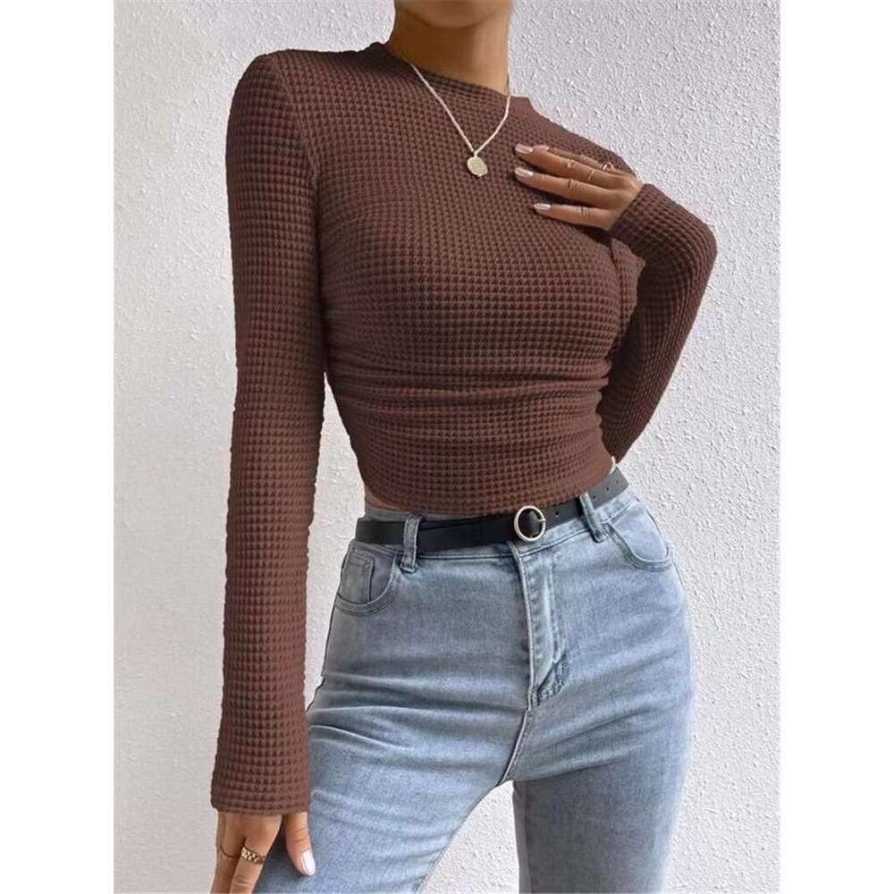 2025 Autumn Winter Slim Fit Long Sleeve Plaid Round Neck Women's T-Shirt with Ruched Detail
