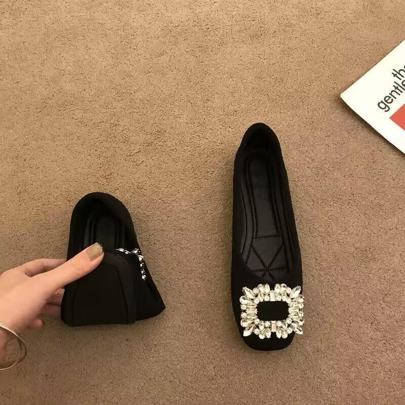 Autumn new designer women's shoes square toe flat bottom women's shoes breathable soft sole anti slip rhinestone square buckle shallow mouth