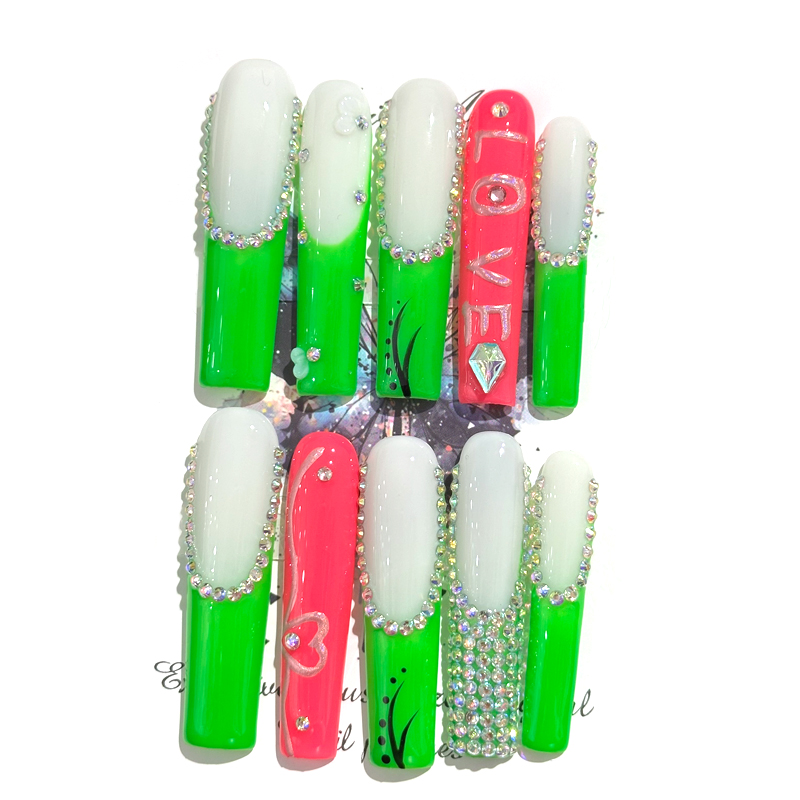 Fake nails, green pink French diamonds, hand drawn, trendy and fashionable, European and American ins style, extra long, handmade