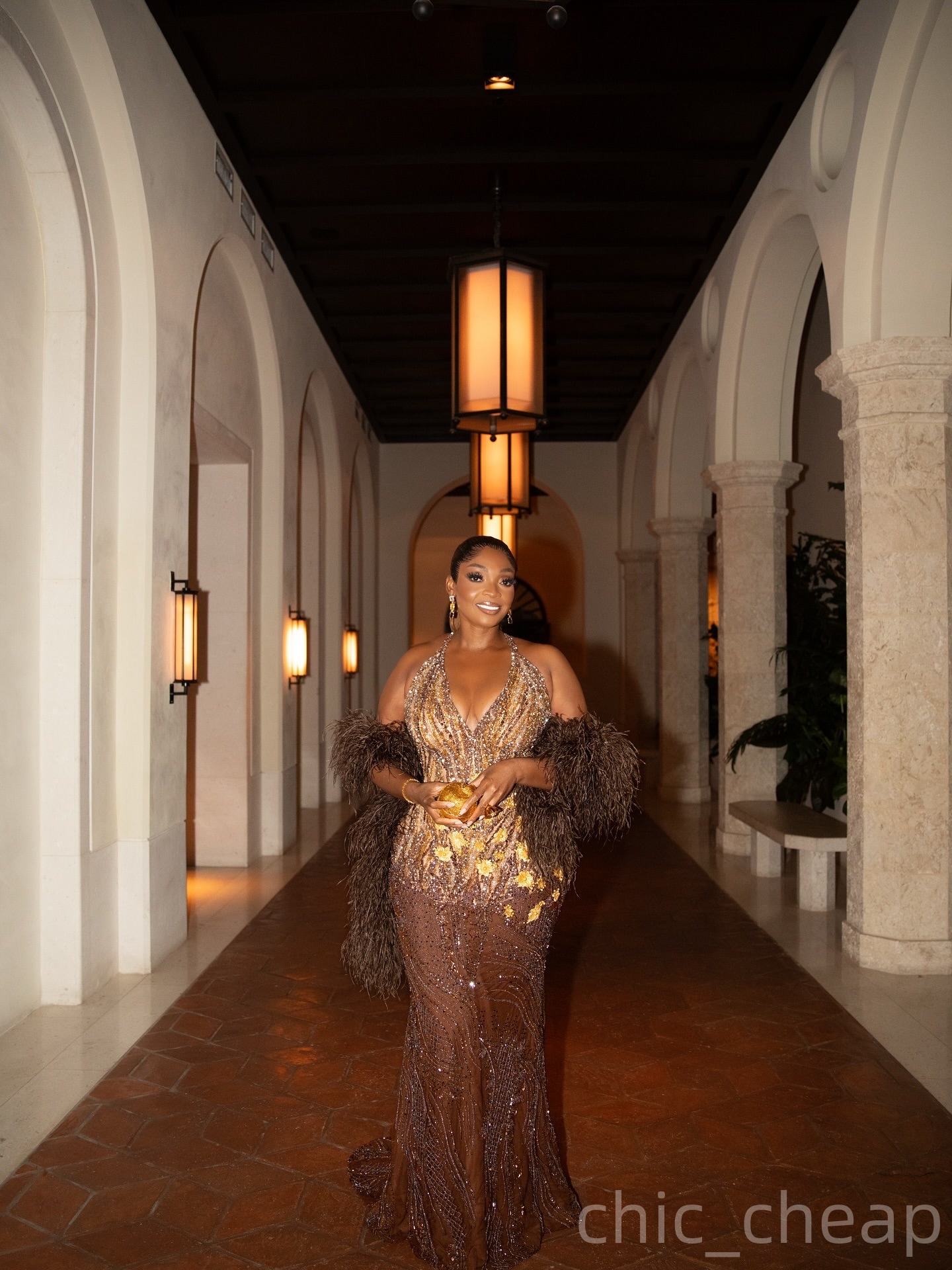 Aso Ebi Brown Illusion Mermaid Prom Dresses 2025 Halter Feather Flowers Evening Formal Party Second Birthday Engagement Gowns Plus Size Dress For Spec