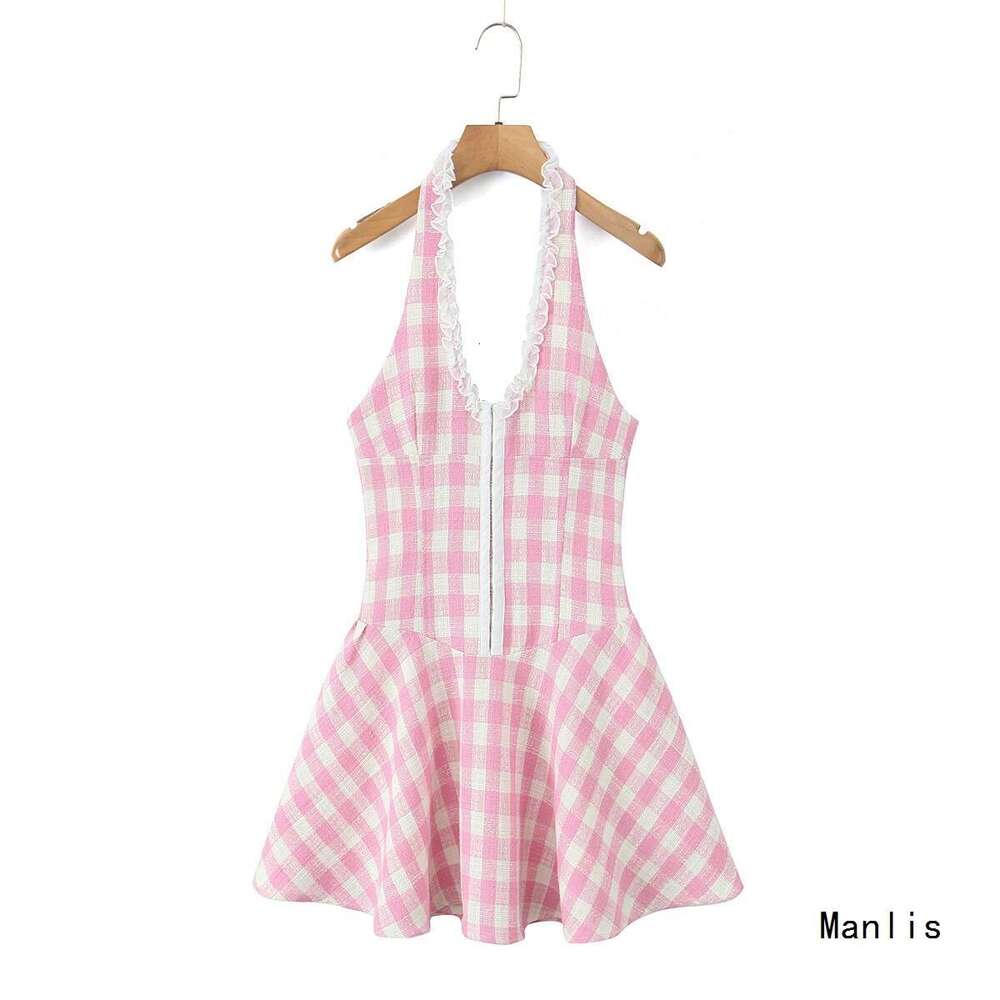 DHEssentials 2025 INS Spring New American Style Sweet Little Fragrance V-Neck Halter Slim Waist Dress