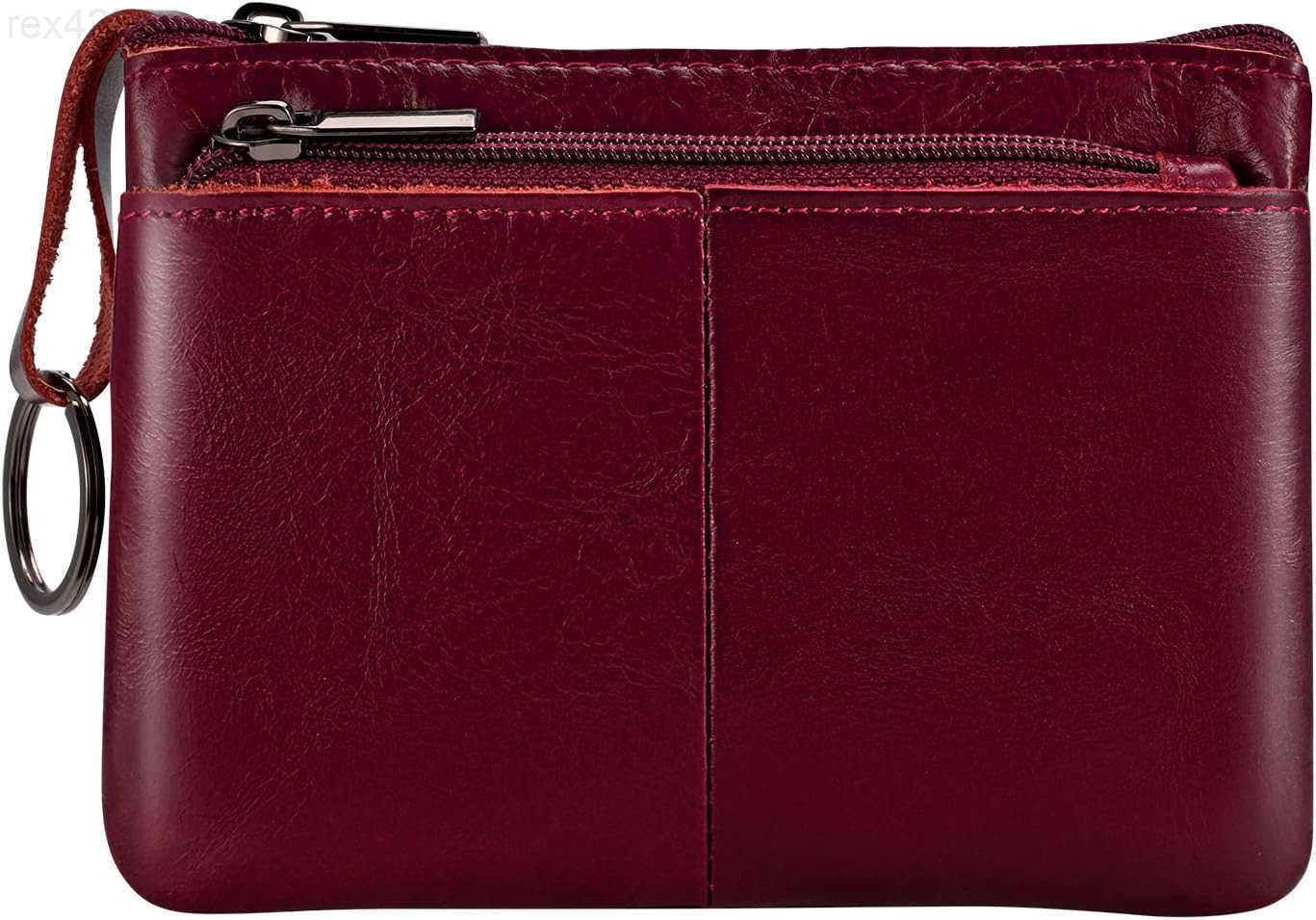 Red Genuine Leather MultiFunctional Wallet Compact Card Holder Coin Purse Key Organizer with 3 Zippers Builtin Key Ring Perfect for Travel Work Daily 