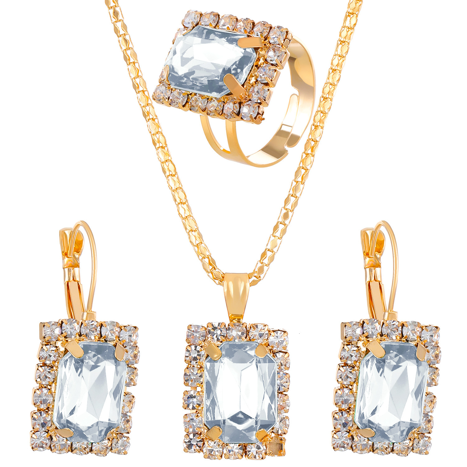 New -Encrusted Square Jewelry Ins Palace Style Bridal Necklace Earrings Ring Set