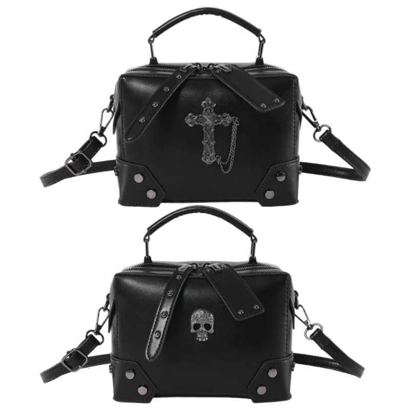 Women Gothic Punk Square Small Crossbody Handbag with Top Handle Skull Crosses Chain PU Leather Shoulder Bag Purse W250911