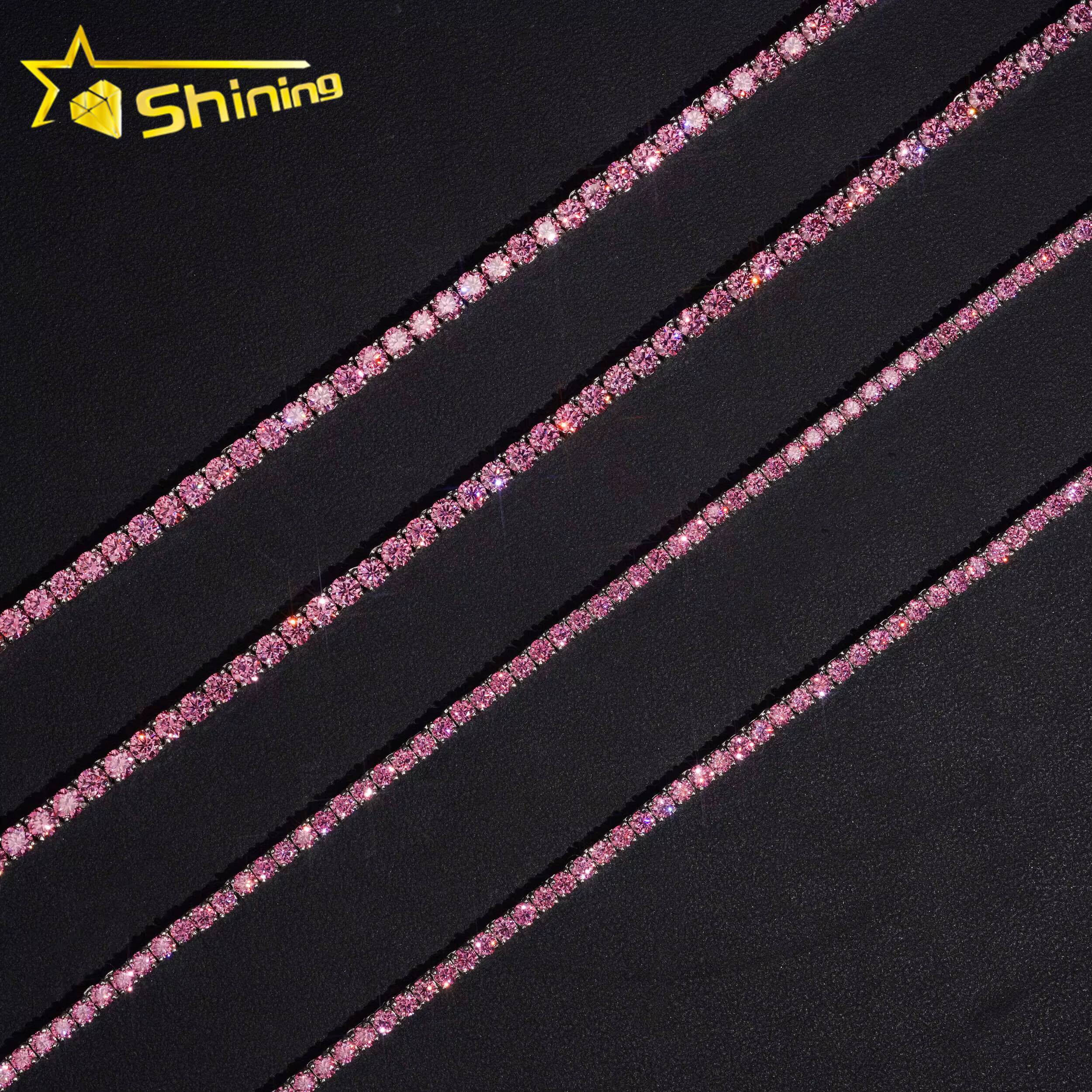 New Arrival 925 Silver 3mm 4mm Pink Color Moissanite Tennis Necklace Hip Hop Iced Out Men Women Choker Tennis Chains
