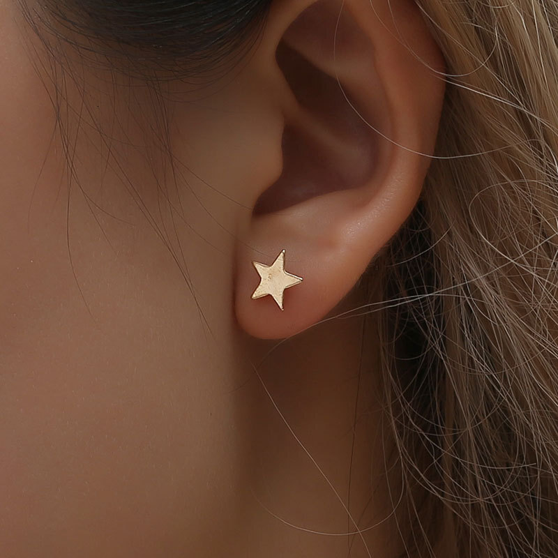 Ins Simple Star Moon Fashionable Personality Asymmetric Pentagram Crescent Small Earrings