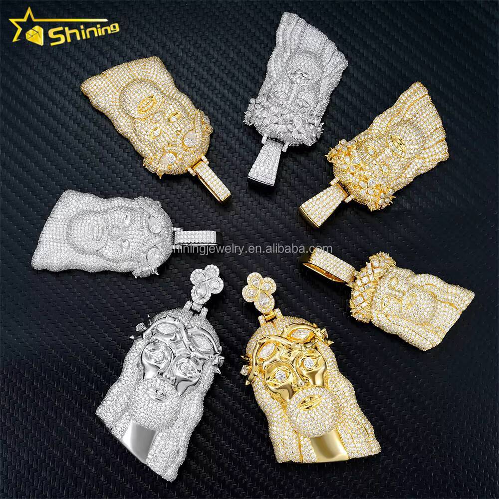 Custom Luxury Jesus Pendant 925 Sterling Silver 14K Gold Plated Fancy Cutting Moissanite Jesus Head Pendant