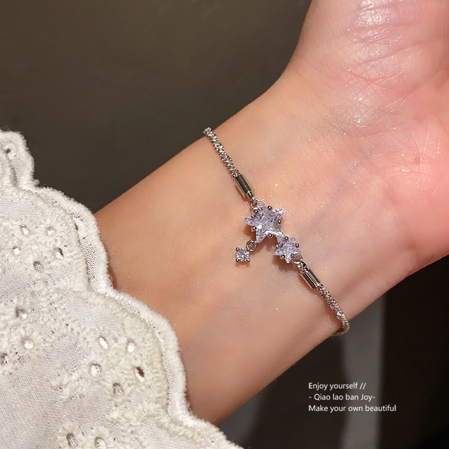 Silver - Toned Bracelet With Star - Shaped Crystal Details, Dainty Hanging Accent Delicate Daily & Dreamy Jewelry Gift For Her High - Quality And Eleg