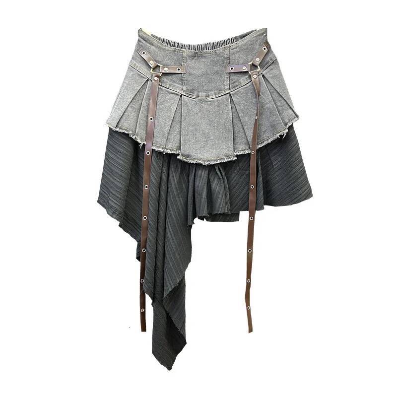 Retro Spliced Denim Pleated for Women Summer New Temperament Hot Girl Fashionable High Waist A-line Skirt dongdumaoyi