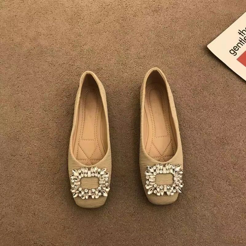 Autumn new designer women's shoes square toe flat bottom women's shoes breathable soft sole anti slip rhinestone square buckle shallow mouth