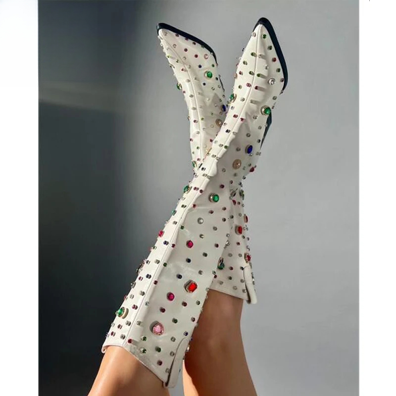 Bestseller Bestseller Bestseller Bestseller Womens dia high heels boots Cowgirl Pointed Toe Knee High Colorful Gem Long Lady Fashion White Boots ddmyb