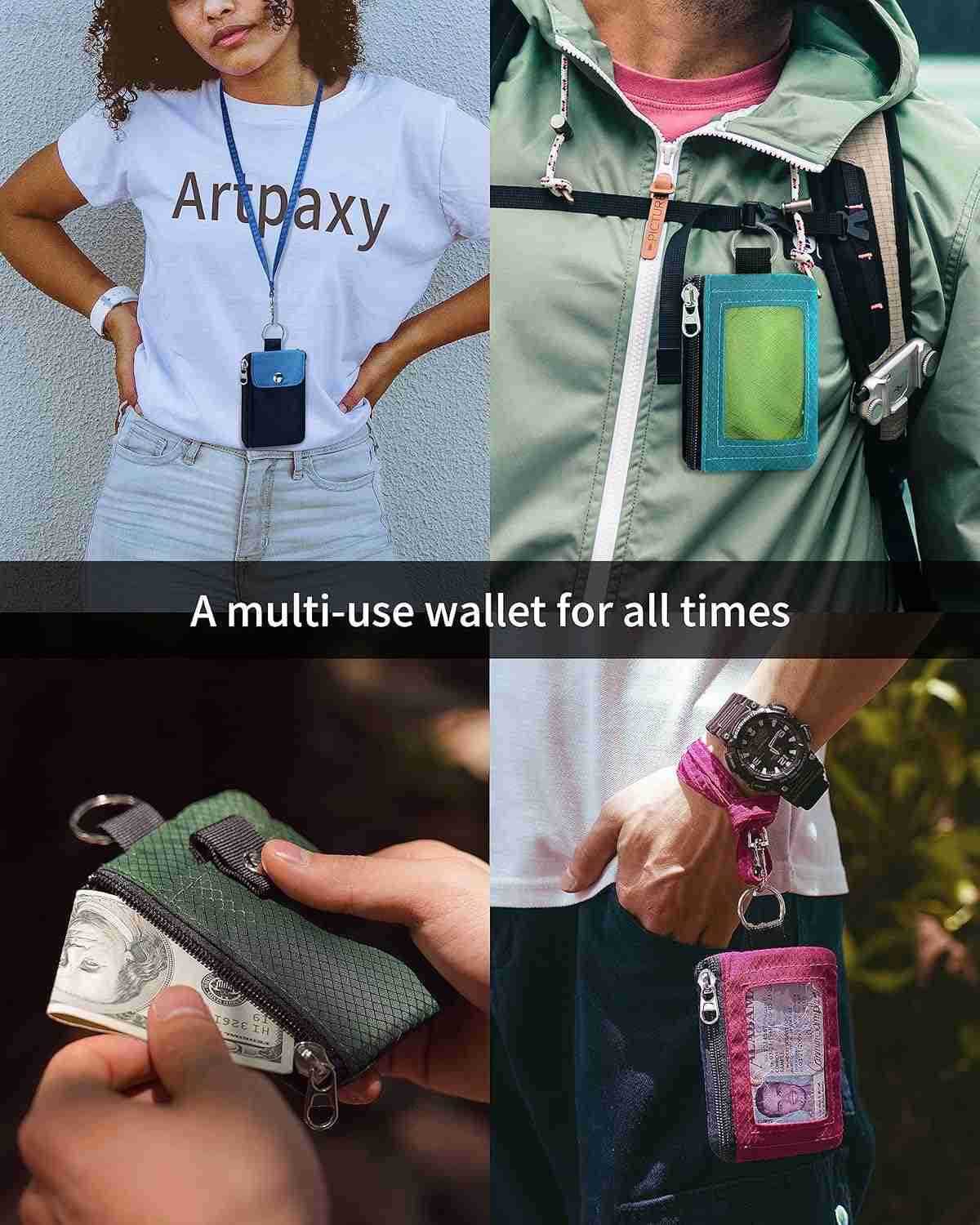 Minimalist Wallet For Mens Womens Keychain RFID Blocking Zipper Small Wallet with ID Window 2 LanyardsWater Resistant Travel Cash Card Coin Case Boys 