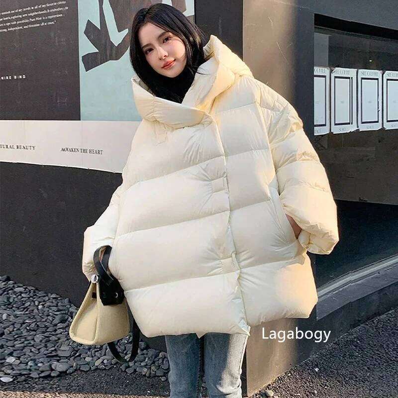 Lagabogy 2025 Winter Women Fluffy Hooded 90% White Duck Down Jacket Female Oversized Warm Solid Puffer Coat High Quality