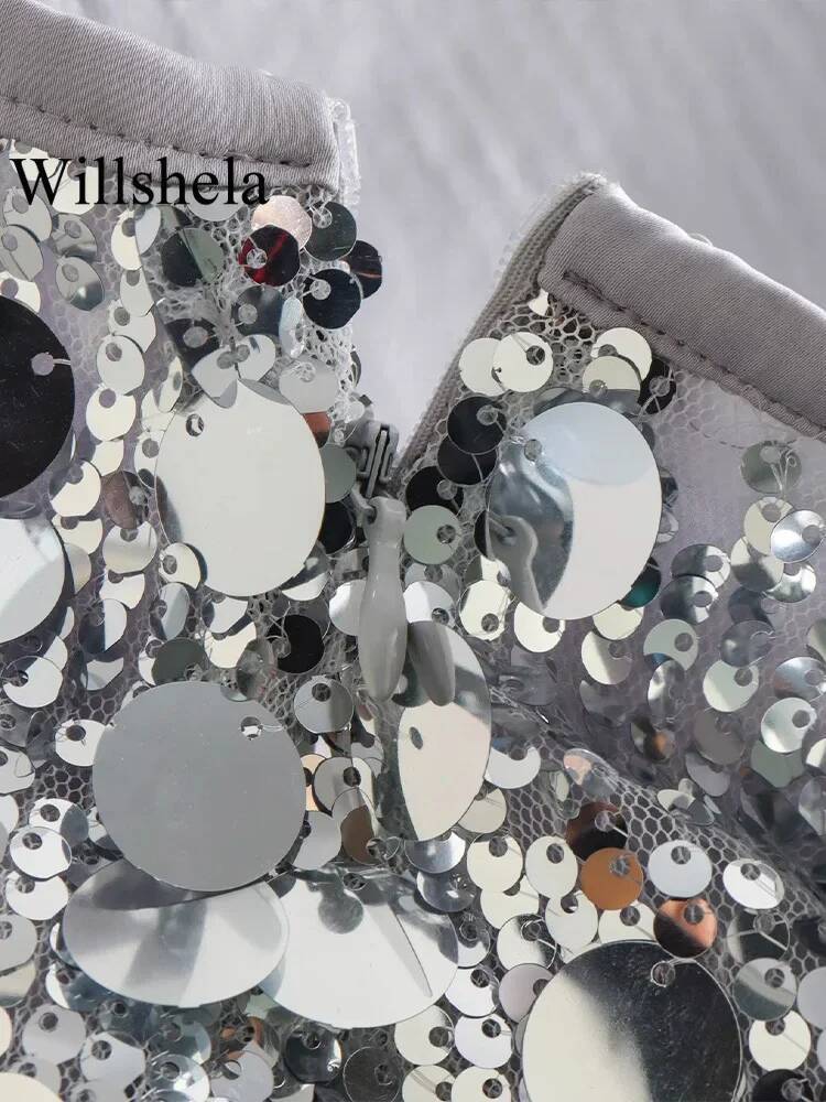 Willshela Women Fashion With Sequined Solid Side Zipper Mini Skirt Vintage High Waist Female Chic Lady Skirts dongdumaoyi