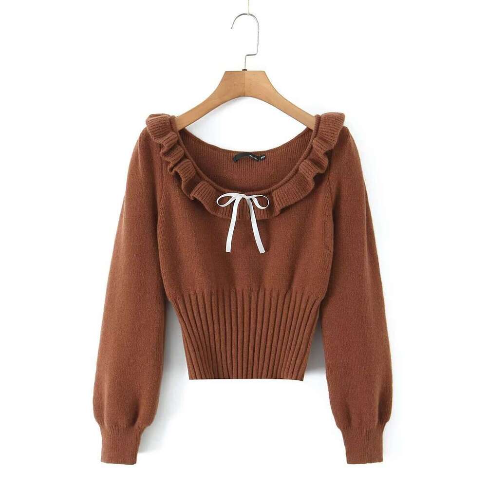 DHEssentials Ins Style 25 New Fashion Korean Sweet Lace Collarbone-Exposing Round Neck Ribbon Bow Sweater