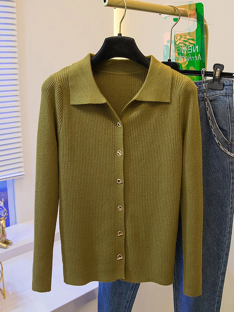 2026 Korean Style Fashion Autumn Winter Turn Down Collar Cardigan Knitted Sweater Casual Loose Long Sleeved Base Women 250911