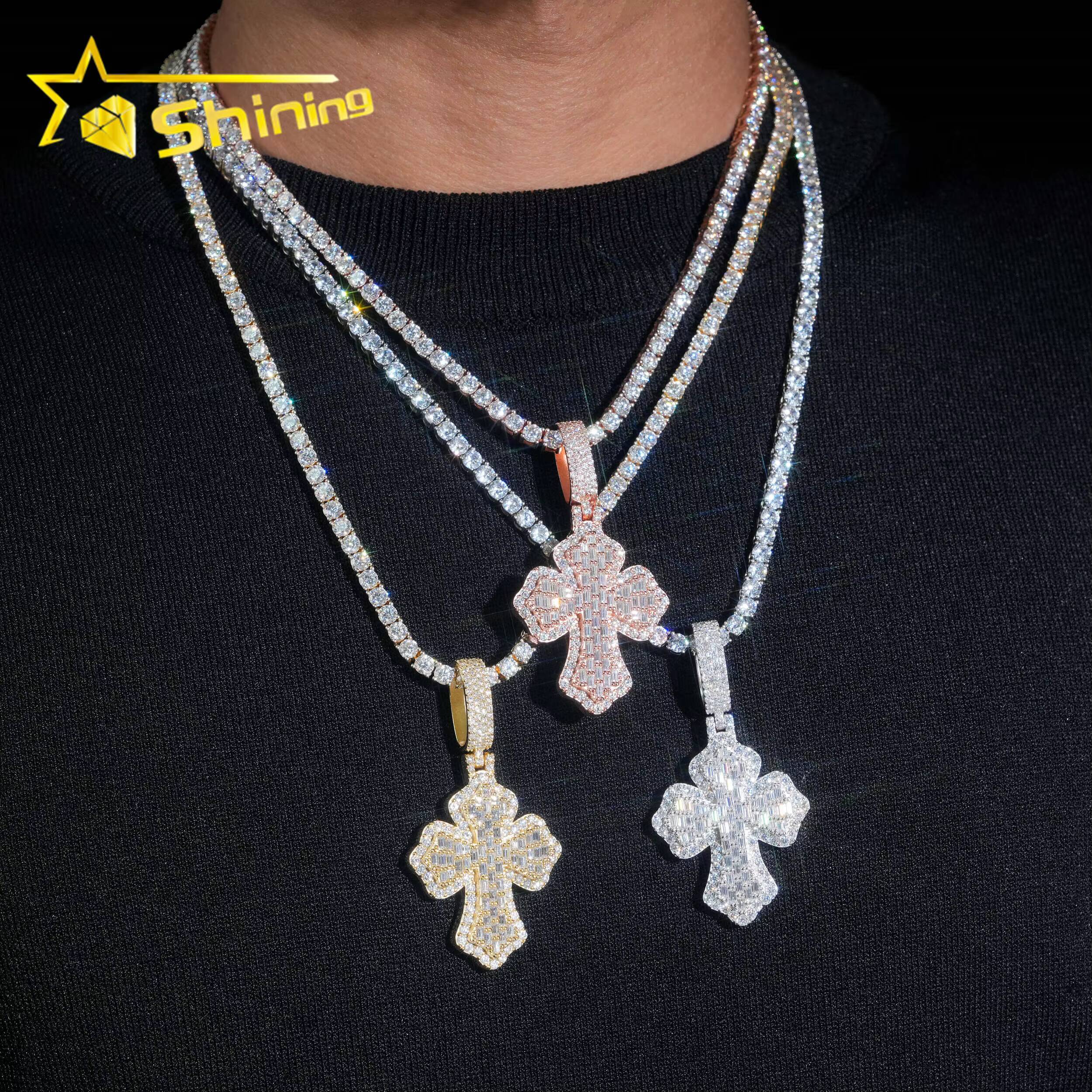 Factory Wholesale Price Hip Hop Jewelry 925 Sterling Silver D Color Men Necklace VVS Baguette Moissanite Iced Out Cross Pendant