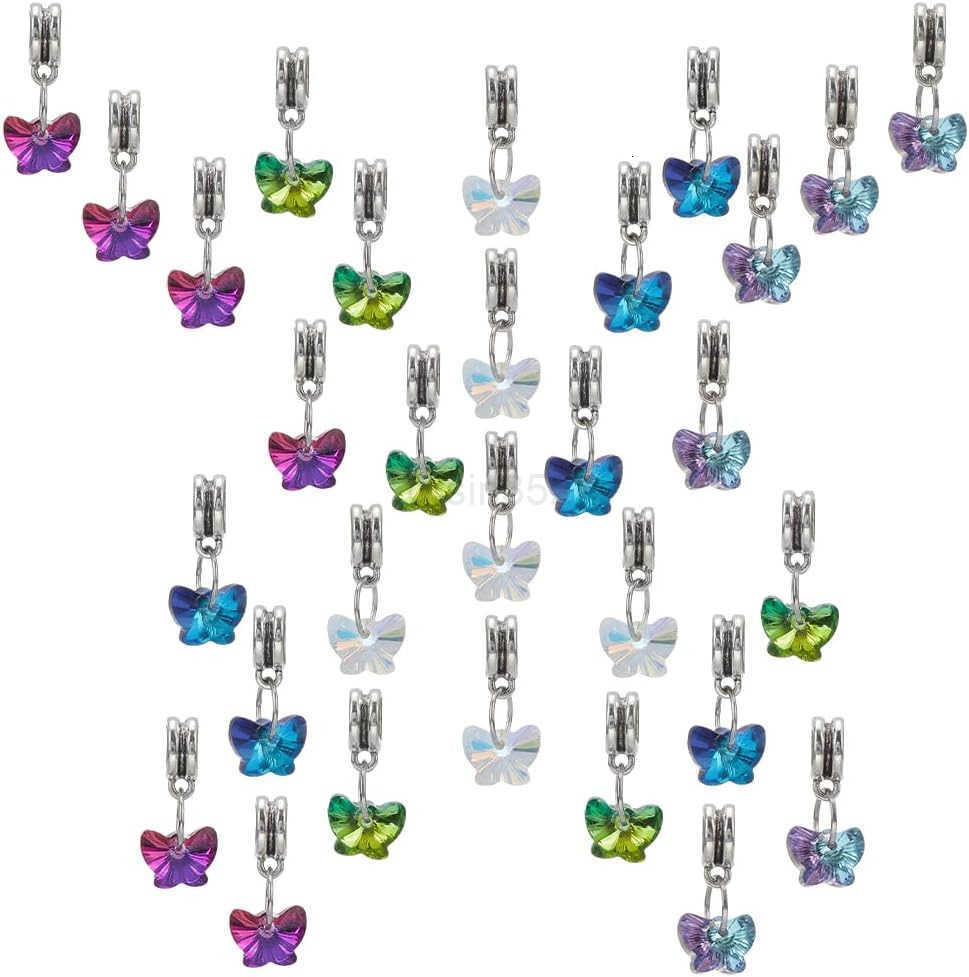 30pcs Butterfly Glass Charms Pendants 5 Colors Faceted Butterfly Crystal Dangle Charms with Bail Hanger Large Hole Transparent Beads for Necklace Earr